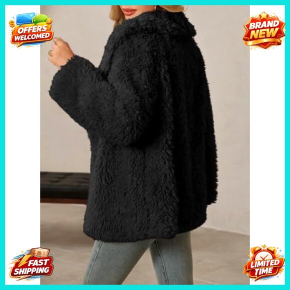 Oversized Faux Fur Coat Lapel Collar Open Front Fuzzy Jacket Winter Warm - Picture 3 of 7